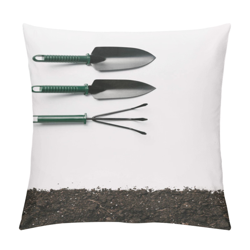 Personality  Top View Of Arranged Gardening Tools And Ground Isolated On White Pillow Covers