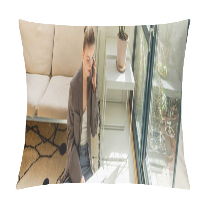 Personality  Freelancer In Blazer Talking On Smartphone And Using Laptop Near Cup On Floor In Living Rom, Banner  Pillow Covers