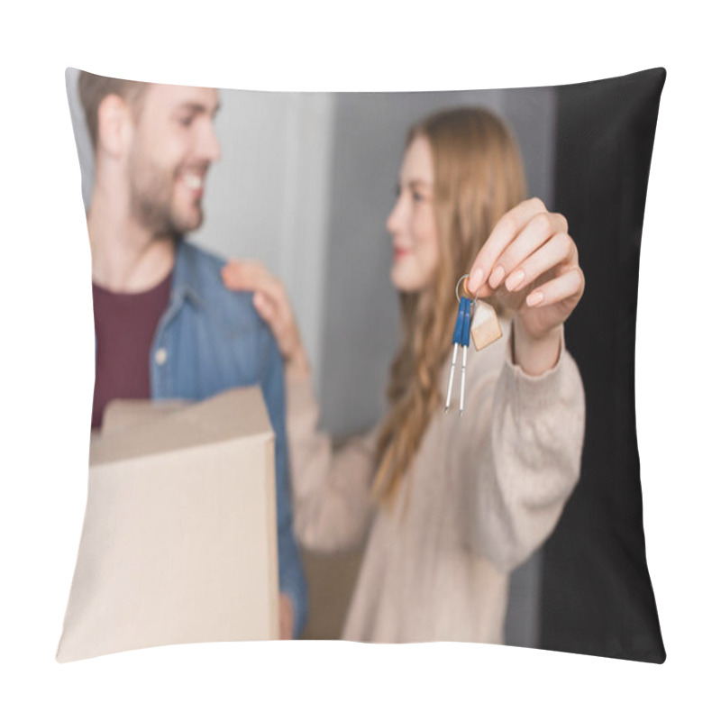 Personality  Selective Focus Of Woman Holding Keys Near Boyfriend With Box  Pillow Covers