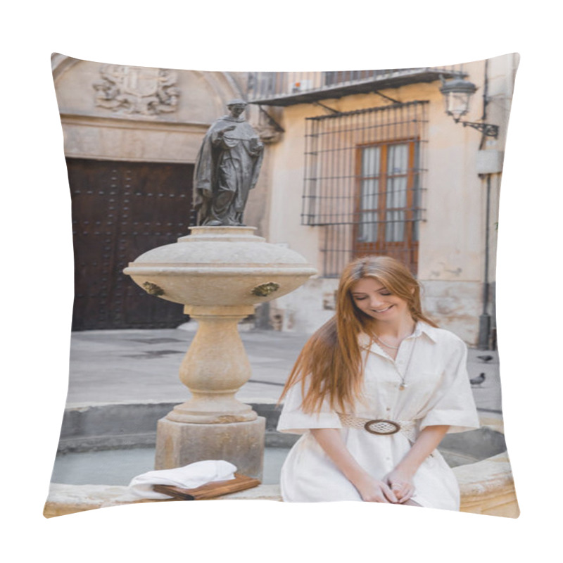 Personality  Cheerful And Redhead Woman In White Dress Sitting Near Fountain On Street Of Valencia Pillow Covers