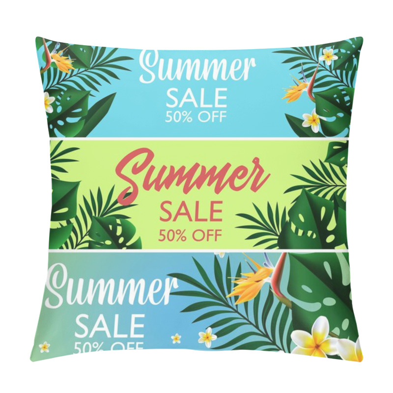 Personality  Summer Sale Tropical Design Template Banner. Exotic Green Flowers With Monstera And Palm Leaves. Promotion Advertisement Illustration For Fashion, Cosmetics Accessorize. Vector Background. Pillow Covers