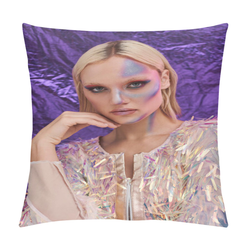 Personality  A Young Woman Showcases Her Fashion Sense With Holographic Accents. Pillow Covers