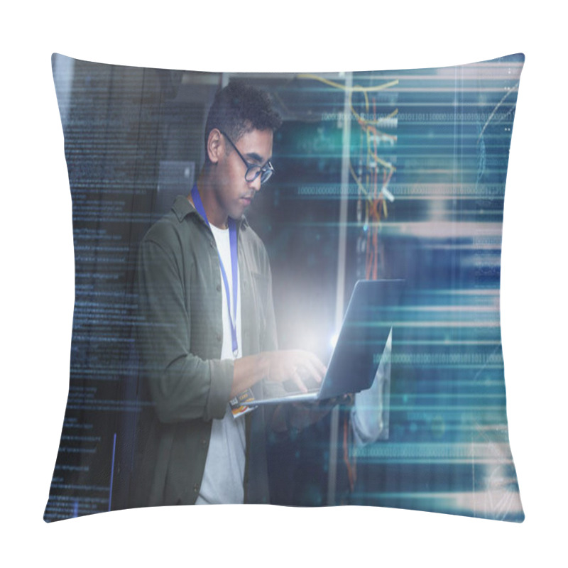 Personality  Server Room, Laptop And Man With Date Overlay For Cyber Security, Programming And Writing Software Code. Technician Person Or Geek In Data Center For Motherboard Or Firewall System Assessment At Work. Pillow Covers