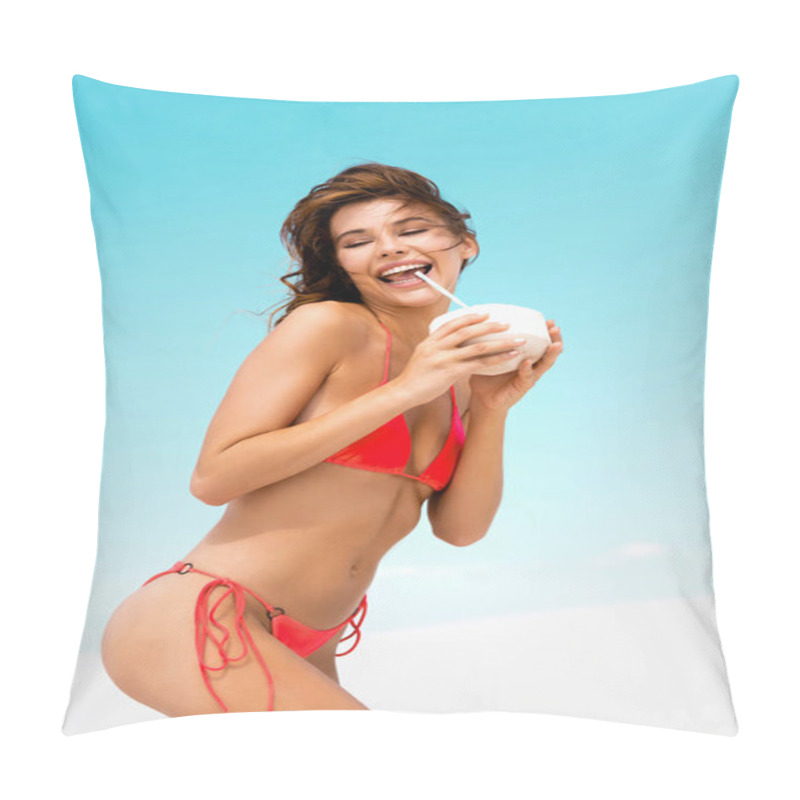 Personality  Smiling Beautiful Sexy Girl In Swimsuit On Beach With Coconut Drink Pillow Covers