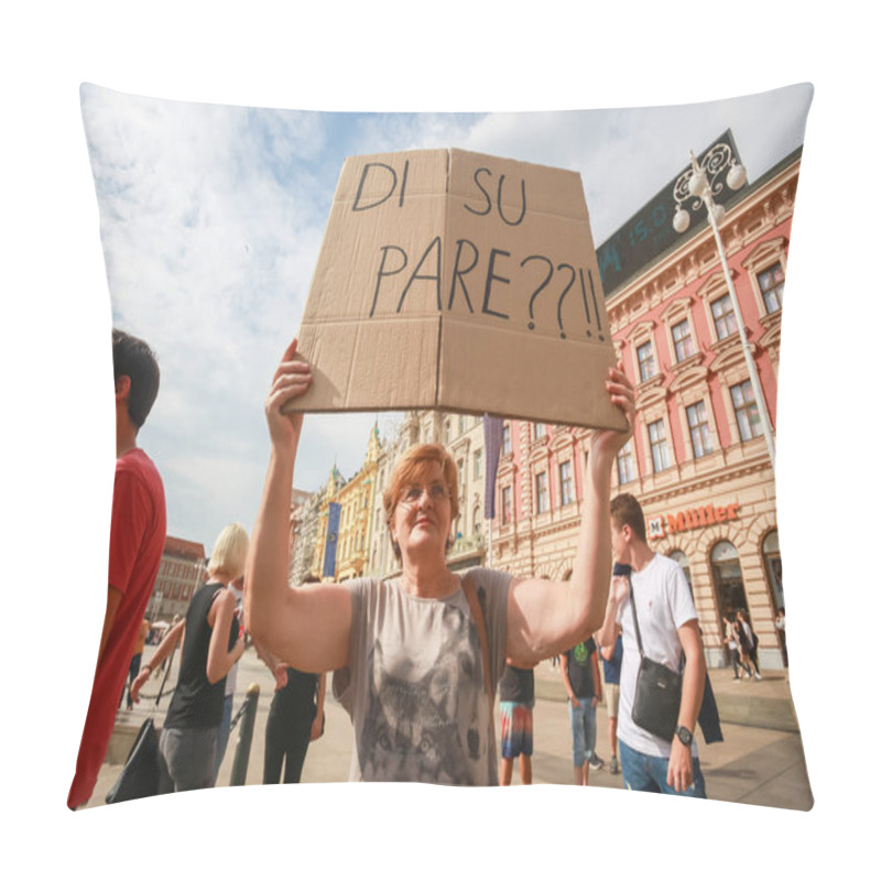 Personality  Zagreb, Croatia - 14. September, 2018 : Woman Holding Sign Against Against The Ruling Political Party Hdz And The Opposition SDP On The Protest On Ban Jelacic Square In Zagreb, Croatia. Pillow Covers