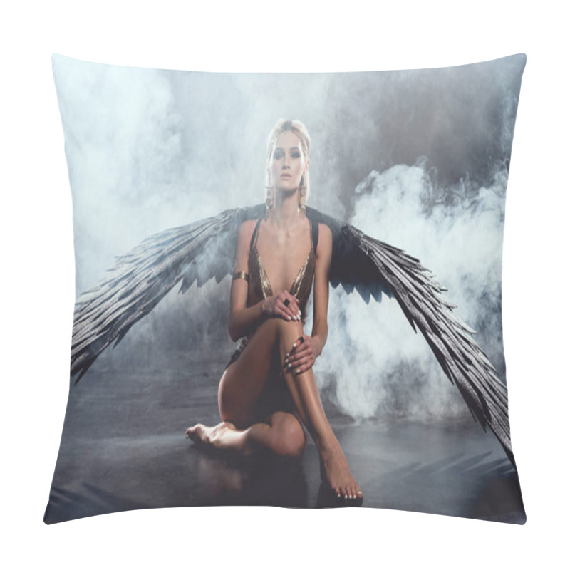 Personality  Beautiful Sexy Woman With Black Angel Wings Sitting, Looking At Camera And Posing On Dark Background Pillow Covers