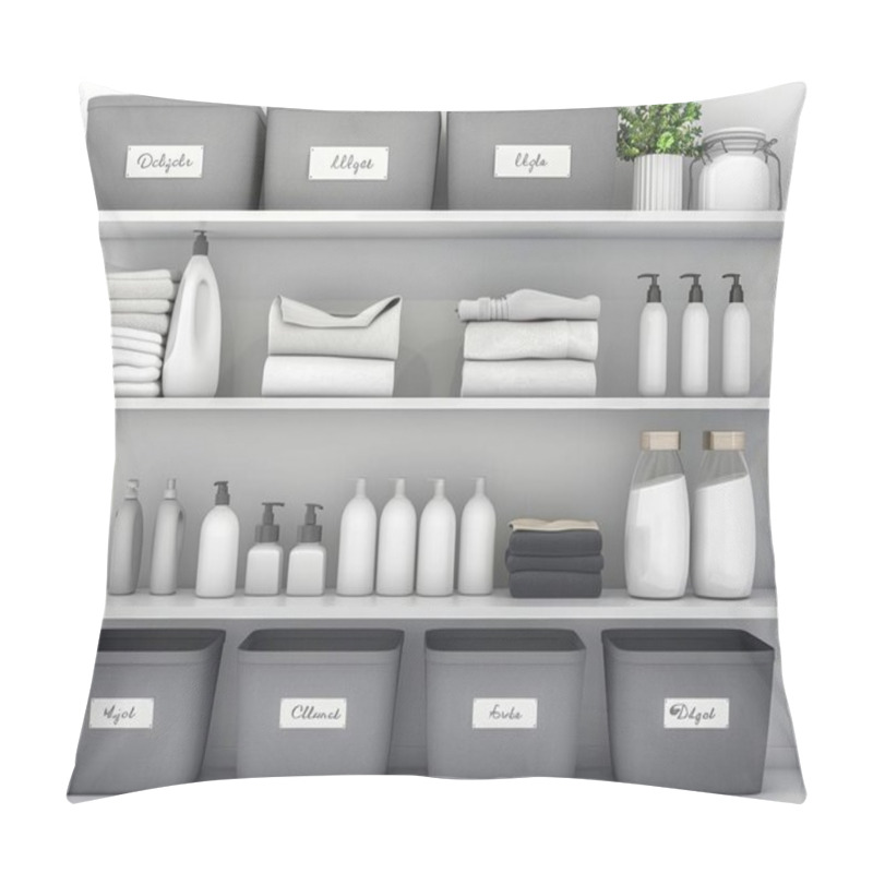 Personality  Organized Storage Shelves Filled With Neatly Arranged Containers And Toiletries. Pillow Covers