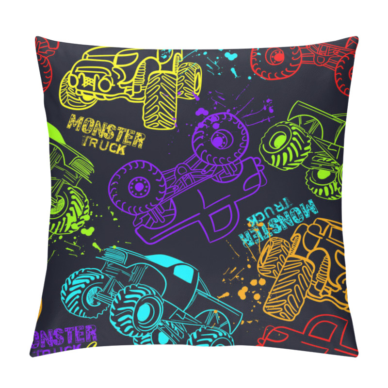 Personality  Abstract Seamless Monster Trucks Cars Pattern On Grunge Shape Cracked Background With Shabby Dots And Spray Paint Texture, Ink. Boys Style Wheels Autos Repeated Backdrop. Pillow Covers