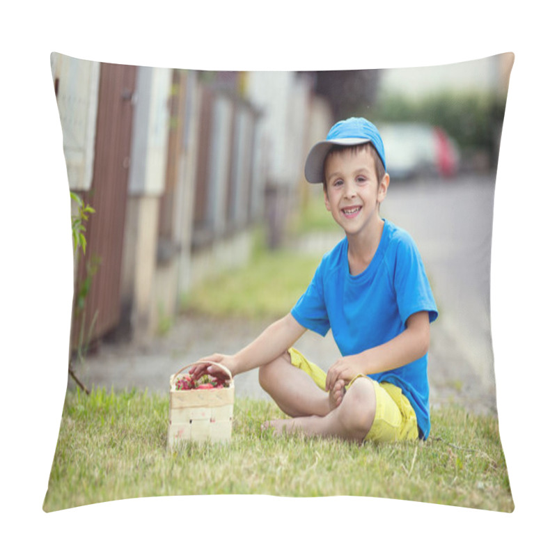 Personality  Sweet Adorable Little Child, Boy Eating Strawberries, Summertime Pillow Covers