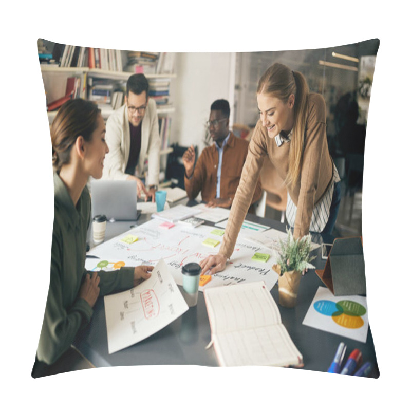 Personality  Young Happy Freelancers Working On New Ideas For Business Strategy During The Meeting In The Office. Focus Is On Happy Woman Creating Mind Map. Pillow Covers