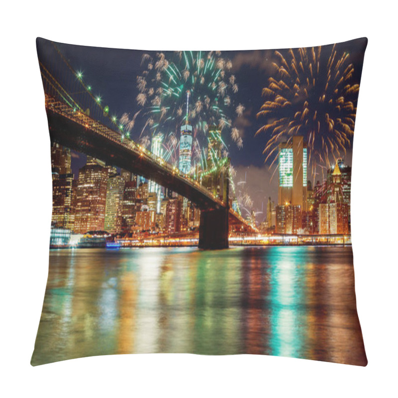 Personality  New York City's Brooklyn Bridge And Manhattan Skyline Illuminated Amazing Fireworks In Independence Day Pillow Covers