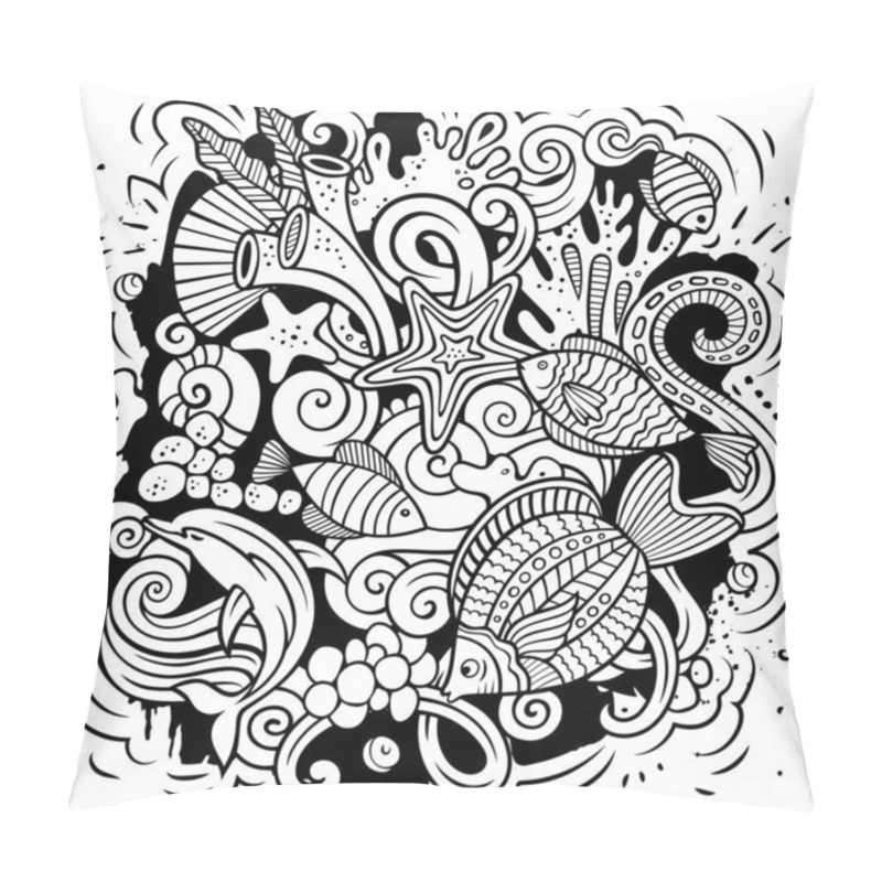 Personality  Sea Life Cartoon Vector Illustration. Sketchy Detailed Composition With Lot Of Uderwater World Objects And Symbols. All Items Are Separate Pillow Covers