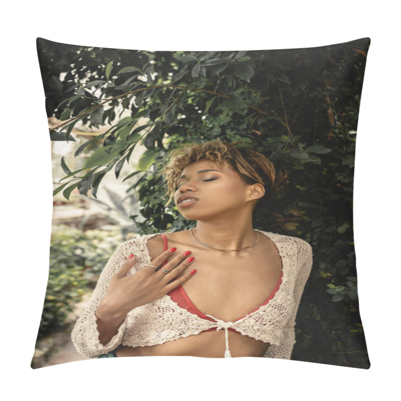 Personality  Portrait Of Fashionable Young African American Woman With Makeup Wearing Knitted Top While Standing With Closed Eyes Near Plants In Garden Center, Stylish Woman Enjoying Lush Tropical Surroundings Pillow Covers