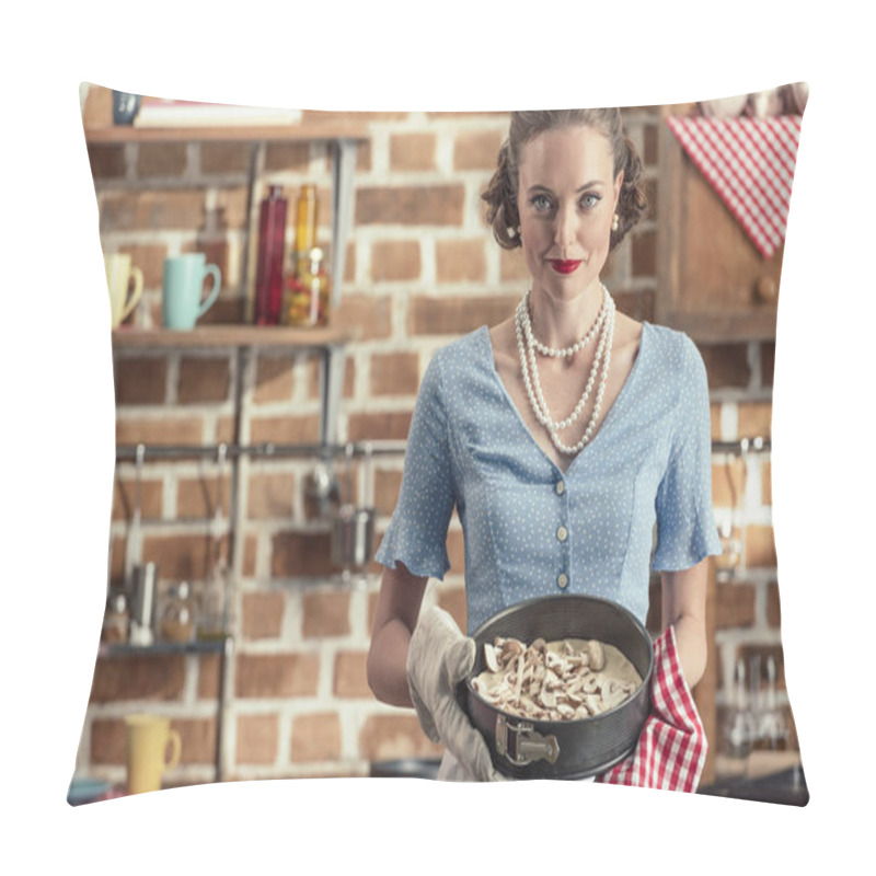 Personality  Smiling Adult Housewife Holding Baking Trey And Looking At Camera At Kitchen Pillow Covers