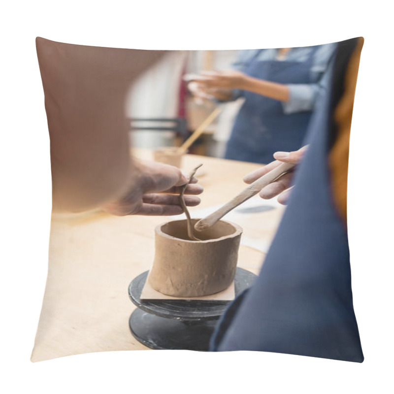 Personality  Cropped View Of Man Holding Clay And Tool In Pottery Studio  Pillow Covers