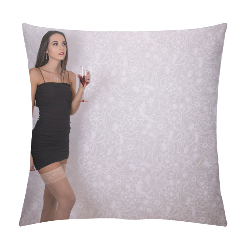 Personality  A Sexy Elegant Woman Wearing A Little Black Dress And Stockings With Long Brown Hair Holding A Glass Of Wine Or Champagne Pillow Covers