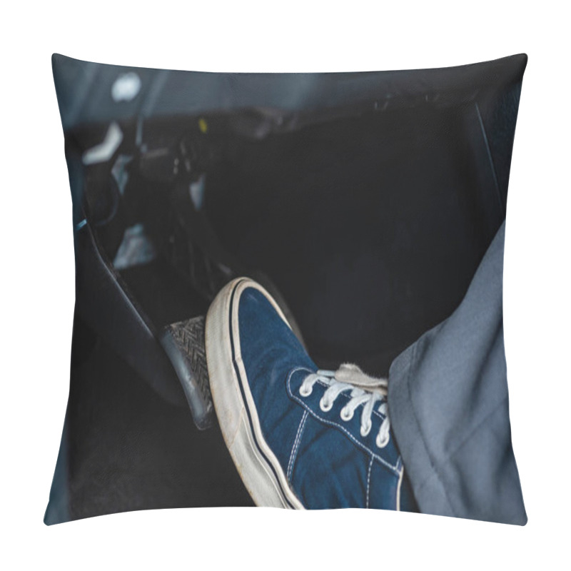 Personality  Partial View Of Mechanic In Sneakers Pressing Brake Pedal In Car Pillow Covers