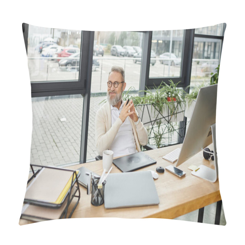 Personality  A Mature Handsome Man Sits Comfortably At A Desk, Focused On Work, Surrounded By Greenery. Pillow Covers