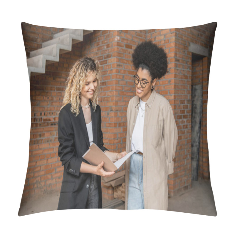 Personality  Smiling Real Estate Agent Showing Documents To African American Client In New House Pillow Covers