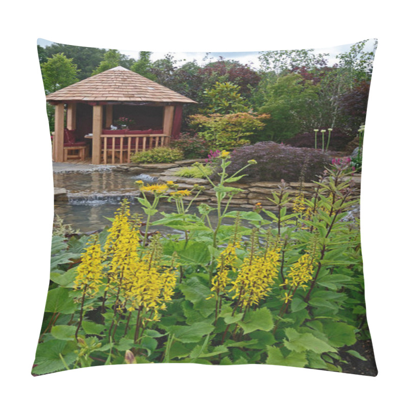 Personality  The Pond Area In An Aquatic Garden And Planted Rockery, Ligulariia And Selection Of Flowers, Shrubs And Grasses Pillow Covers