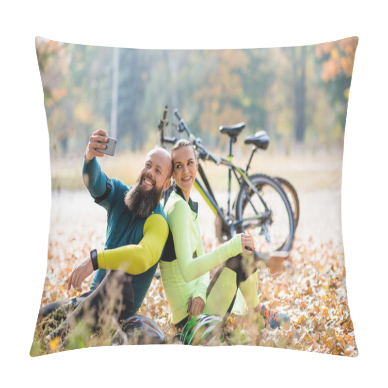 Personality  Couple Of Cyclists Taking Selfie Pillow Covers