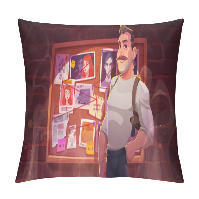 Personality  Police Inspector Or Private Detective On Background Of Board With Evidences. Vector Cartoon Illustration Of Investigator Character, Man With Gun In Holster And Cork Pinboard With Notes And Red String Pillow Covers