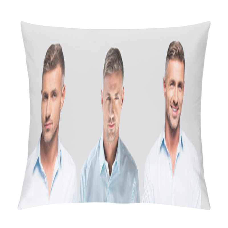 Personality  Collage Of Portraits Handsome Middle Age Man In White And Blue Shirts On Gray Background Pillow Covers