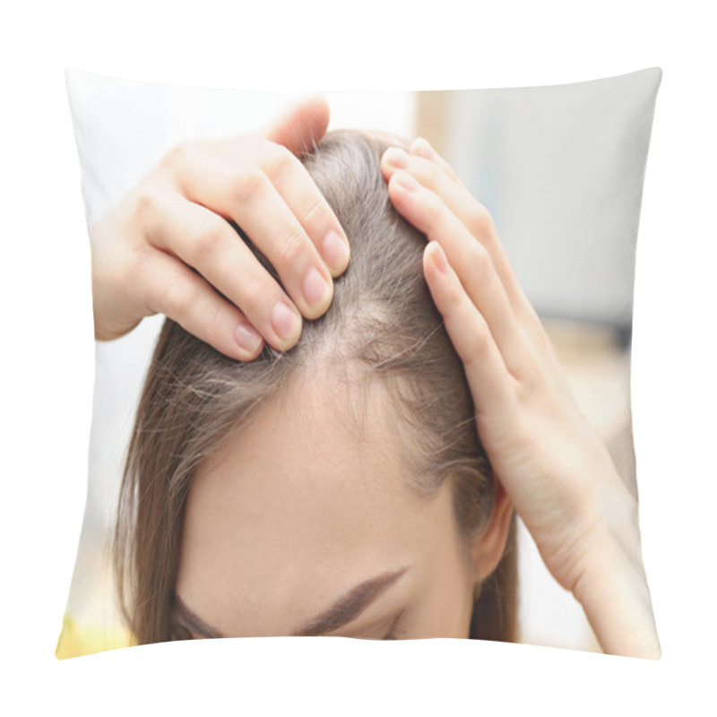 Personality  Young Woman With Hair Loss Problem Indoors, Closeup Pillow Covers