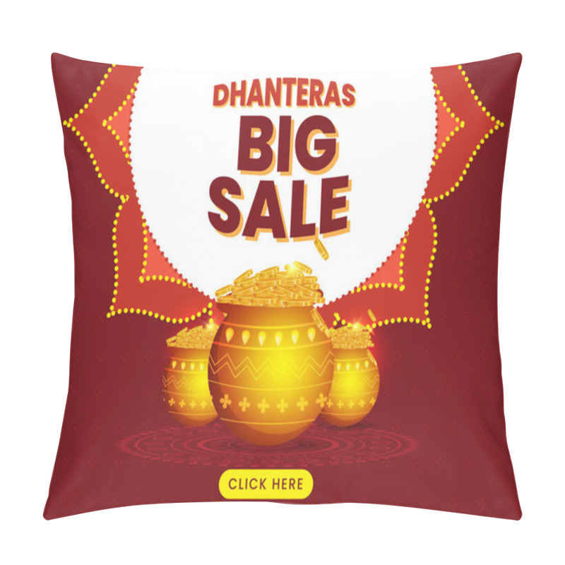 Personality  Dhanteras Big Sale Poster Design With Gold Coin Pots On Red Mandala Pattern Background. Pillow Covers