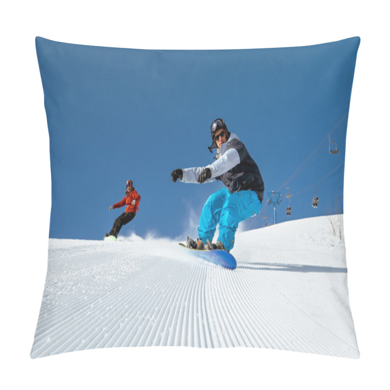 Personality  Two Snowboarder Riding On Ski Slope Pillow Covers