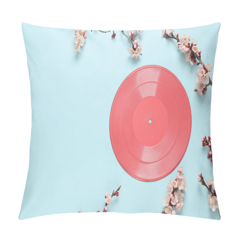 Personality  Retro Vinyl Record With Beautiful White Flowering Branches On Blue Pastel Background. Springtime, Minimal Music Concept. Flat Lay, Top View. Copy Space Pillow Covers