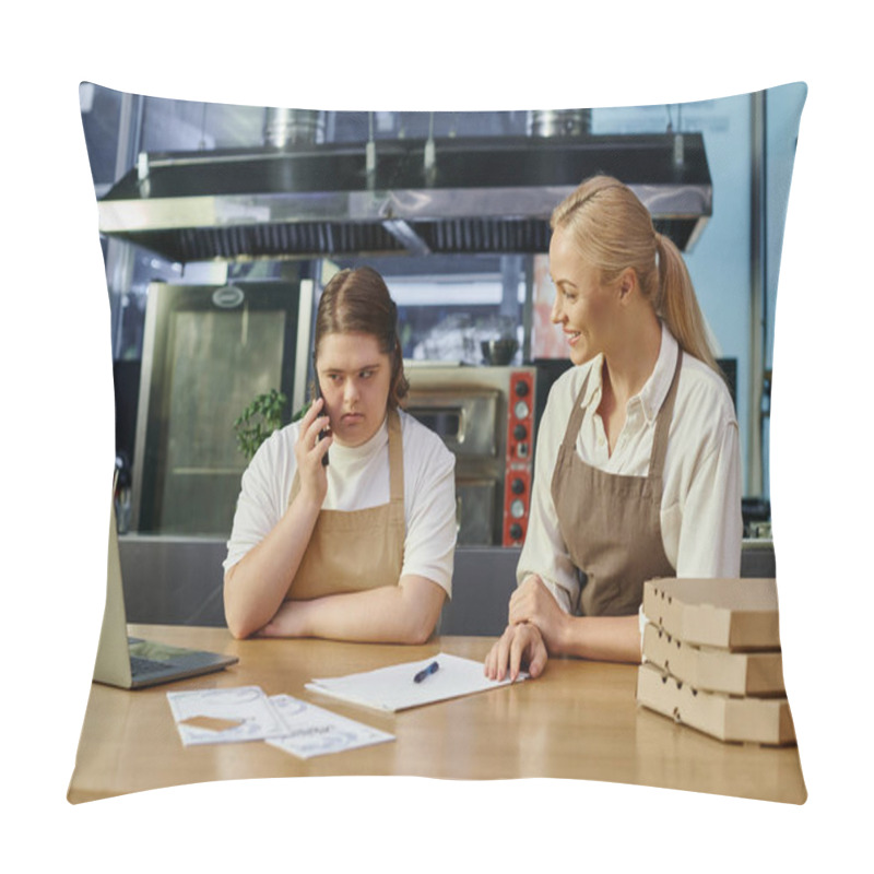 Personality  Female Employee With Down Syndrome Talking On Smartphone Near Laptop And Smiling Cafe Manager Pillow Covers