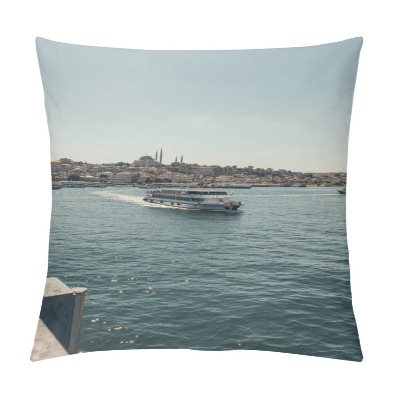 Personality  Touristic Ship Floating On Bosphorus Strait, And View Of Seafront With Moored Vessels, Istanbul, Turkey Pillow Covers