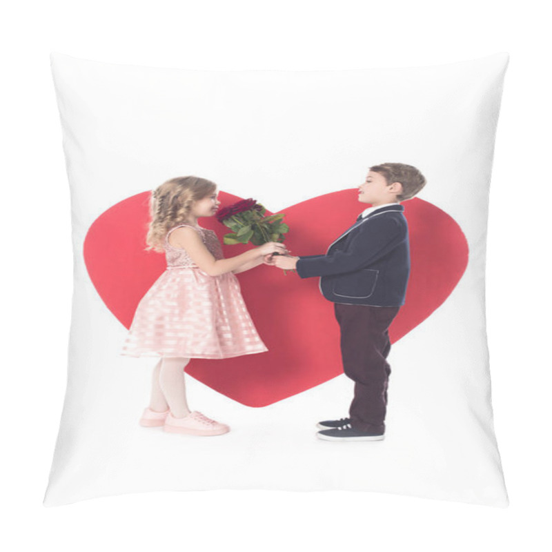 Personality  Side View Of Cute Little Boy Presenting Flowers To Adorable Little Girl And Big Red Heart Symbol Behind Isolated On White  Pillow Covers