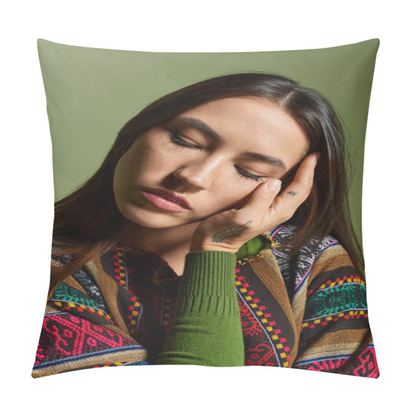 Personality  A Beautiful Young Brunette Woman Rests Her Head In Contemplation Against A Colorful Background. Pillow Covers