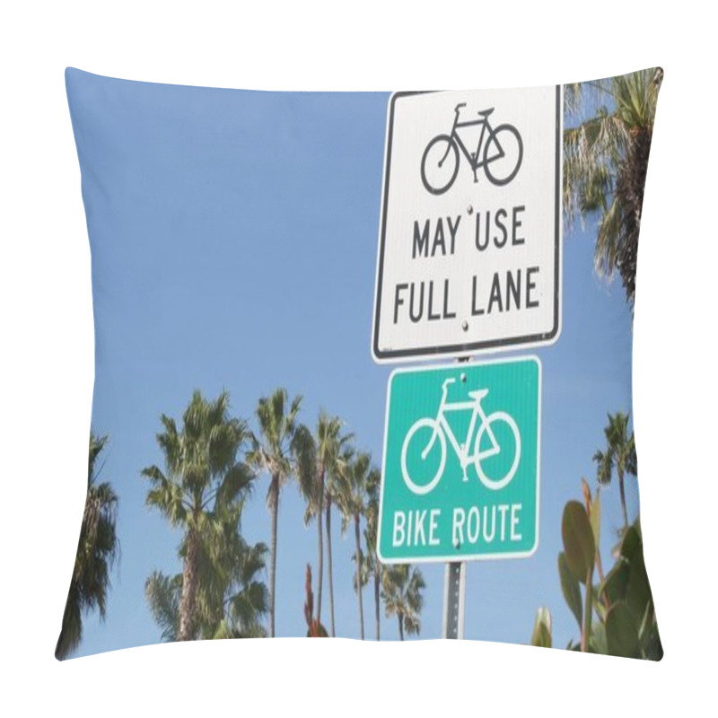 Personality  Bike Route Green Road Sign In California, USA. Bicycle Lane Singpost. Bikeway In Oceanside Pacific Tourist Resort. Cycleway Signboard And Palm. Healthy Lifestyle, Recreation And Safety Cycling Symbol. Pillow Covers