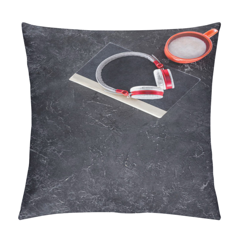 Personality  Top View Of Book, Headphones And Red Cup On Grey Tabletop Pillow Covers