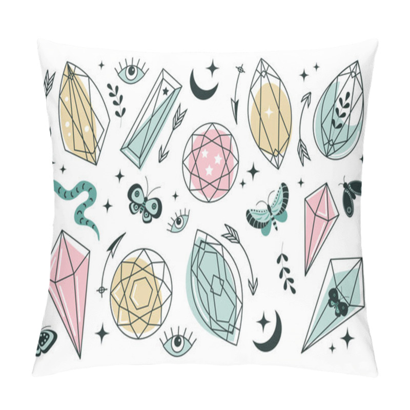 Personality  Set Of Line Art Minerals, Crystals, Eyes, Gems, Moths, Butterflies, Moon, Stars. Magic Fairy Tale On The Theme Of Halloween. Magic Elements. Vector Pillow Covers