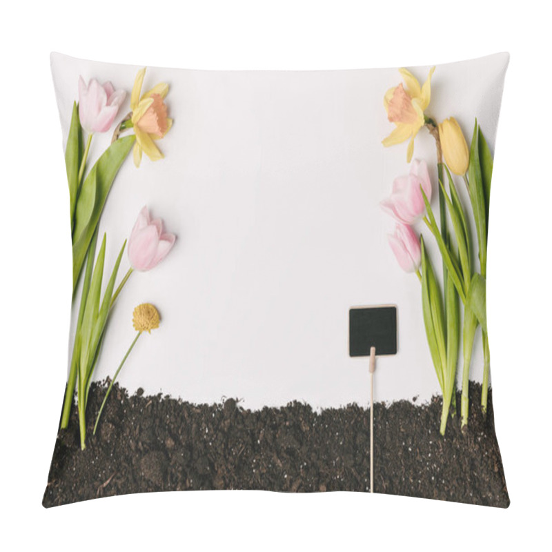 Personality  Flat Lay With Tulips, Narcissus, Chrysanthemum Flowers And Blank Blackboard In Ground Isolated On White Pillow Covers