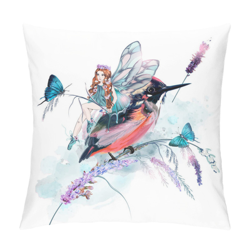 Personality  Beautiful Vector Illustration With Girl Fairy, Butterflies, Lavender Flowers And Bird Pillow Covers