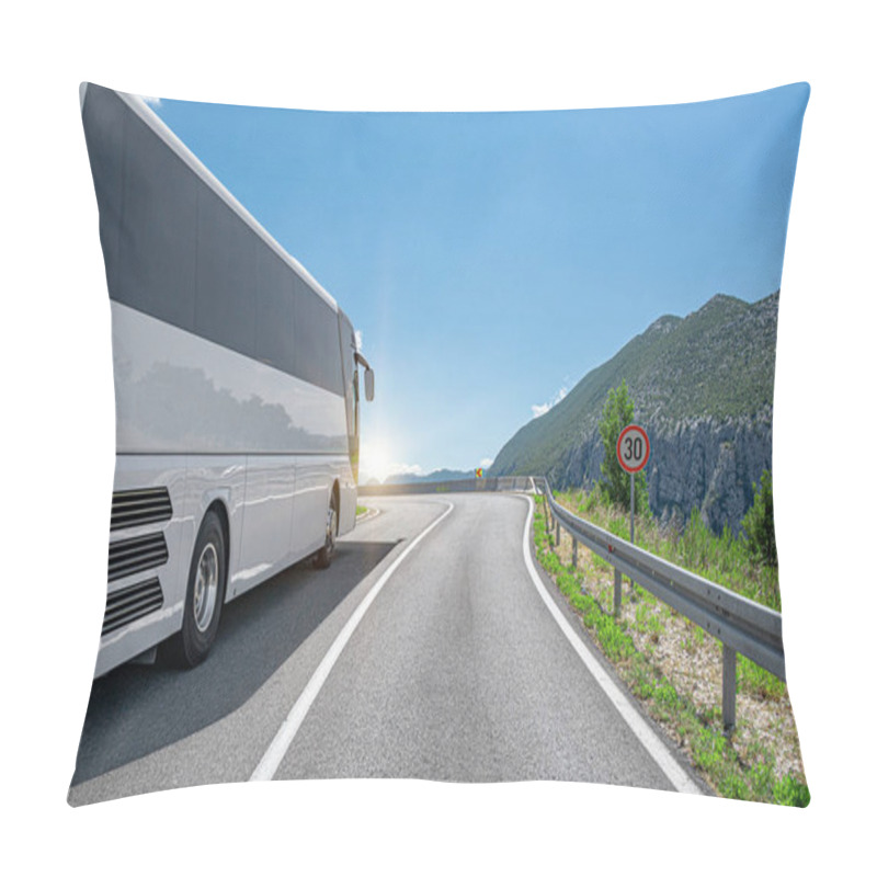 Personality  A White Tourist Bus Rides Along The Highway Against The Backdrop Of A Beautiful Landscape. Pillow Covers