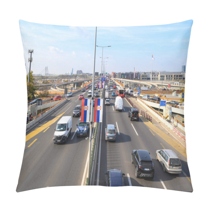 Personality  Mostar Loop Interchange And Urban Highway Over Gazela Bridge (European Route E75) In Belgrade, Capital Of Serbia On 31 October 2024 Pillow Covers