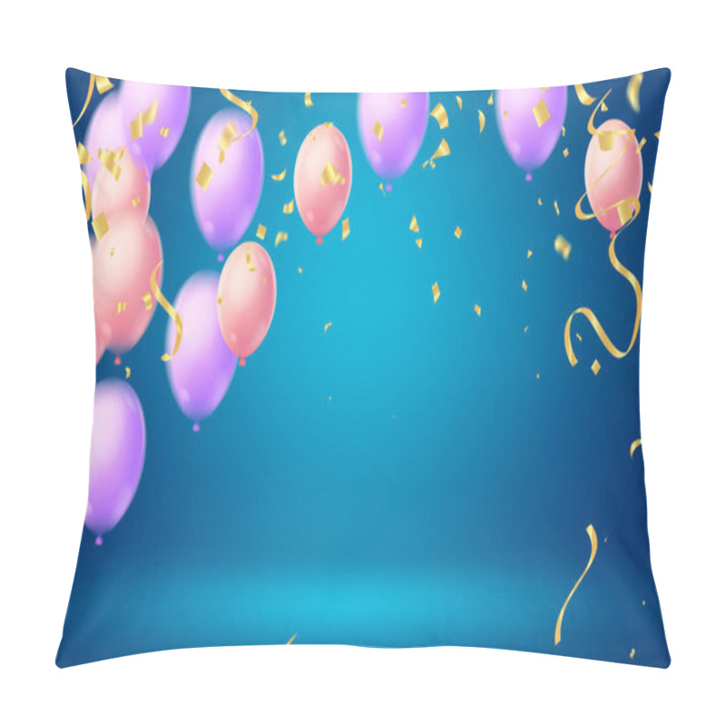 Personality  Birthday Greeting Vector Template Design. Happy Birthday Text In White Board Space With Flying  Balloons And Confetti Element. Round 3d Air Balloons. Illustration Pillow Covers