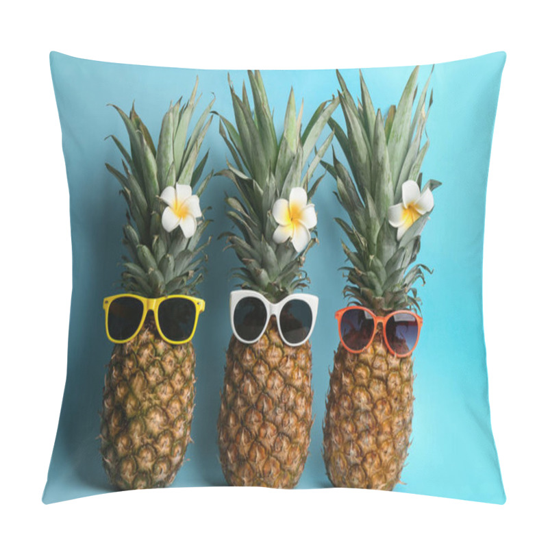 Personality  Funny Pineapples With Sunglasses And Plumeria Flowers On Light Blue Background. Creative Concept Pillow Covers