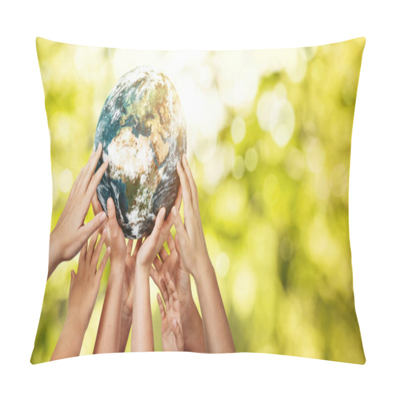 Personality  Group Of Children Holding Planet Earth Over Defocused Nature Background With Copy Space Pillow Covers