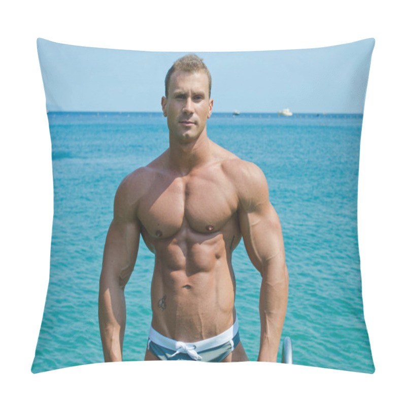 Personality  Handsome Young Bodybuilder Standing With Sea Or Ocean Behind Showing Muscular Torso, Pecs, Arms And Abs Pillow Covers