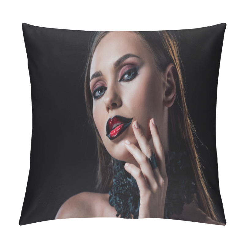 Personality  Scary Vampire Girl In Black Gothic Dress Isolated On Black Pillow Covers