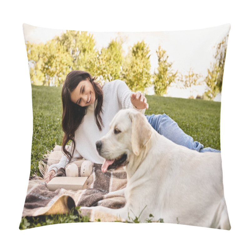 Personality  A Joyful Young Woman Relaxes Outdoors, Bonding With Her Dog On A Warm Autumn Afternoon. Pillow Covers