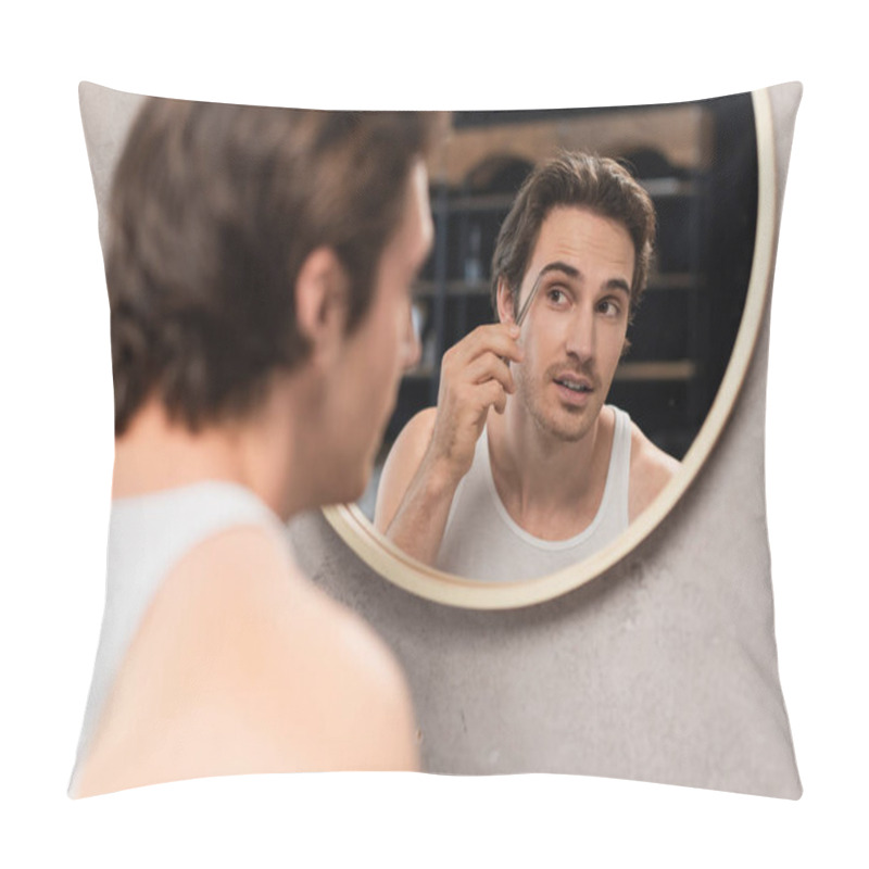 Personality  Brunette Man Tweezing Eyebrows While Looking In Mirror Pillow Covers