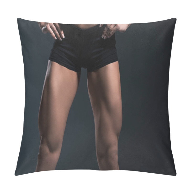 Personality  Cropped View Of Female Bodybuilders Legs, Isolated On Grey Pillow Covers